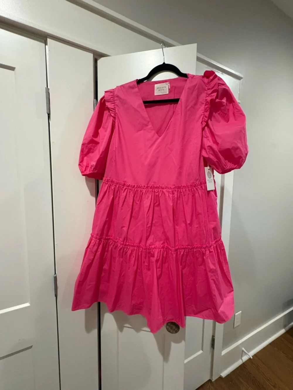 Puff-Sleeve Tiered Mini Dress in Hot Pink - Picture 3 of 5